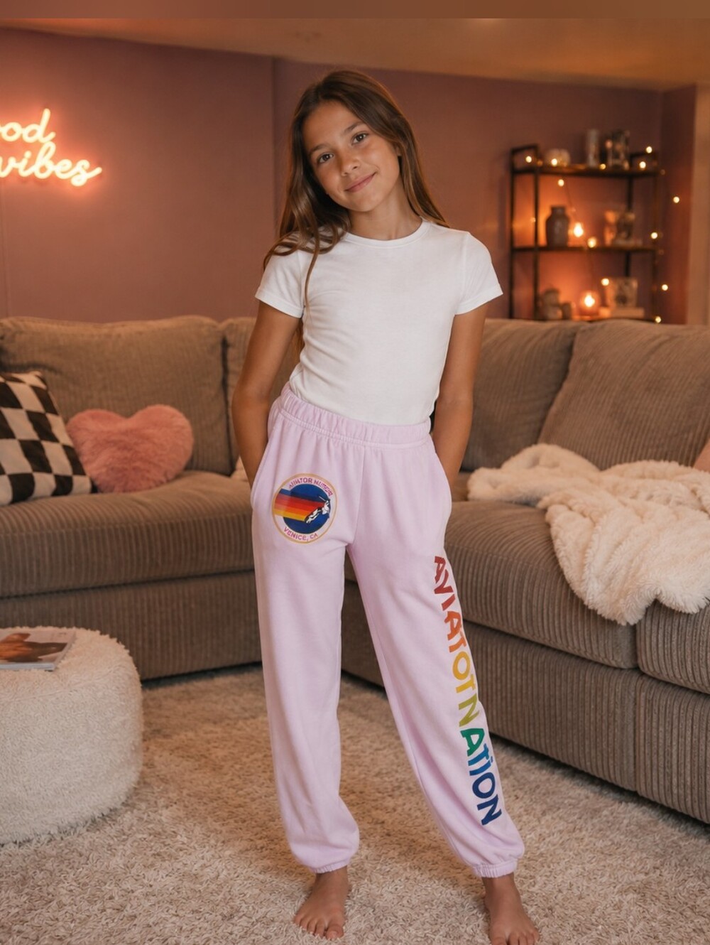 Aviator Nation Pink Venice Sweatpants Rainbow Logo Retro Casual Beach Kids' 10